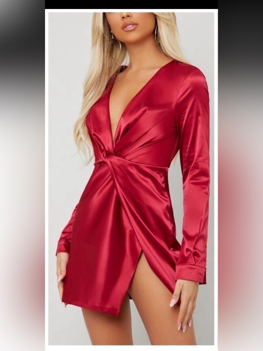SHEIN BAE Twist Front Wrap Deep-V Split Hem Satin Mini Dress in Deep Red